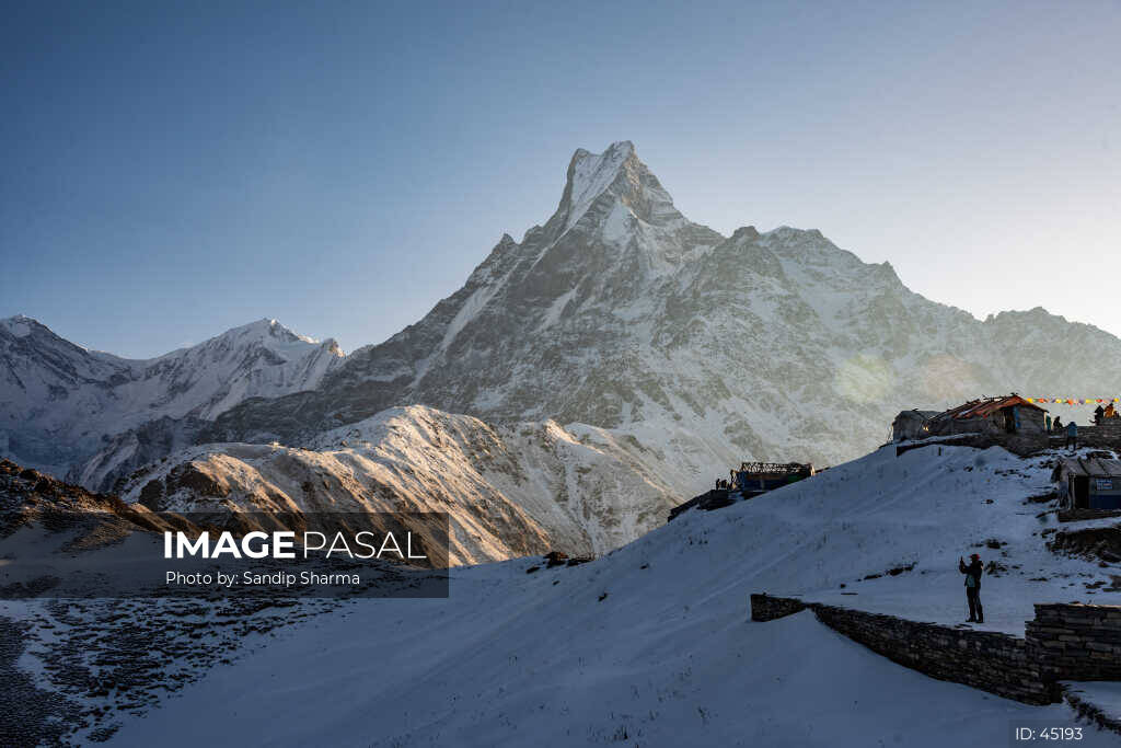 Machhapuchhre above a snowy ridge on the Mardi Himal trek