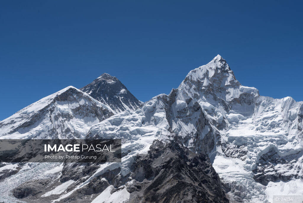 Mount Everest and Nuptse seen from Kala Patthar under a clear blue sky
