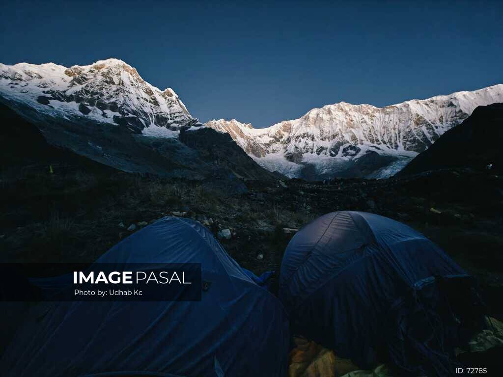 Tents below Mount Annapurna I at first light