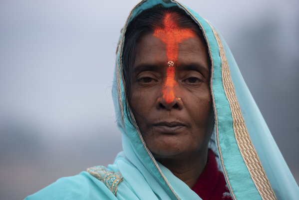 Nepalese hindu women with vermilion tika on Chhath Puja