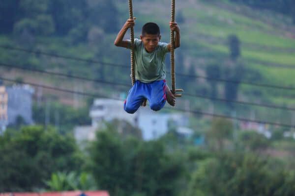 Nepalese Enjoying Linge Ping During the Dashain Festival 2082 in Bhaktapur