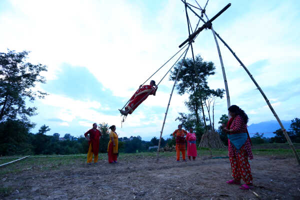 Nepalese Enjoying Linge Ping During the Dashain Festival 2082 in Bhaktapur
