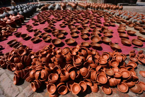 Prajapati Community at Pottery Square in Bhaktapur Busy Making Clay Lamps and Pots for Tihar