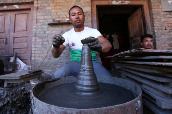 Prajapati Community at Pottery Square in Bhaktapur Busy Making Clay Lamps and Pots for Tihar