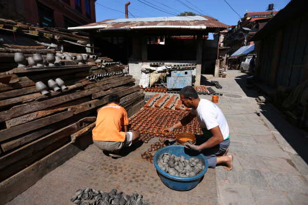 Prajapati Community at Pottery Square in Bhaktapur Busy Making Clay Lamps and Pots for Tihar