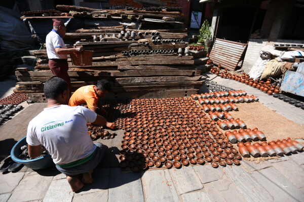 Prajapati Community at Pottery Square in Bhaktapur Busy Making Clay Lamps and Pots for Tihar