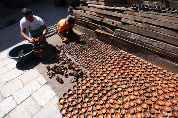 Prajapati Community at Pottery Square in Bhaktapur Busy Making Clay Lamps and Pots for Tihar