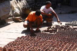 Prajapati Community at Pottery Square in Bhaktapur Busy Making Clay Lamps and Pots for Tihar