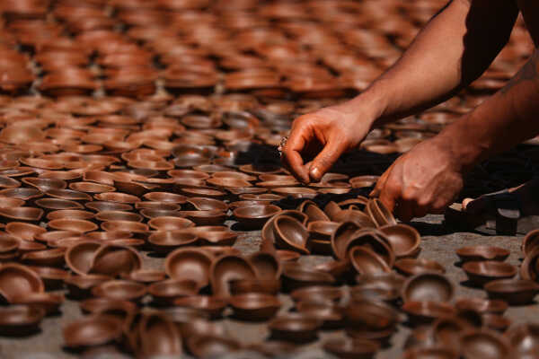 Prajapati Community at Pottery Square in Bhaktapur Busy Making Clay Lamps and Pots for Tihar