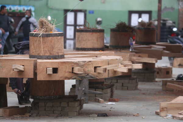 Daily Life in Nepal Reconstruction of Rato Machhindranath Chariot Wheel Underway