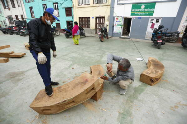 Daily Life in Nepal Reconstruction of Rato Machhindranath Chariot Wheel Underway