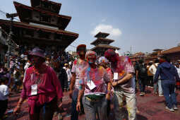 Foreign Tourists Join Holi Celebrations at Basantapur Durbar Square