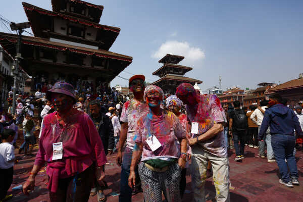 Foreign Tourists Join Holi Celebrations at Basantapur Durbar Square