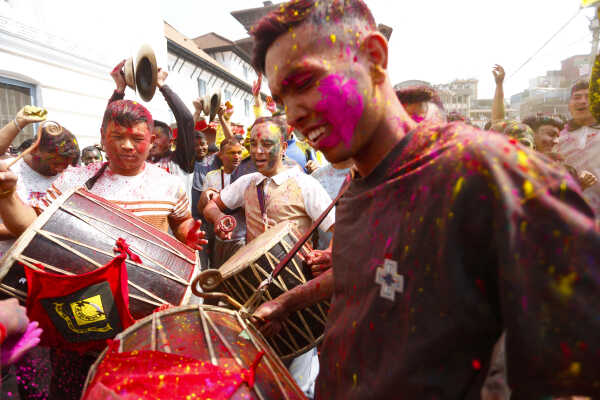 Foreign Tourists Join Holi Celebrations at Basantapur Durbar Square