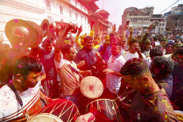 Foreign Tourists Join Holi Celebrations at Basantapur Durbar Square