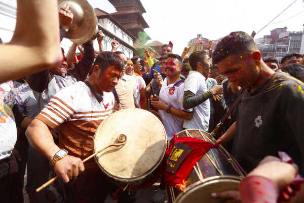 Foreign Tourists Join Holi Celebrations at Basantapur Durbar Square