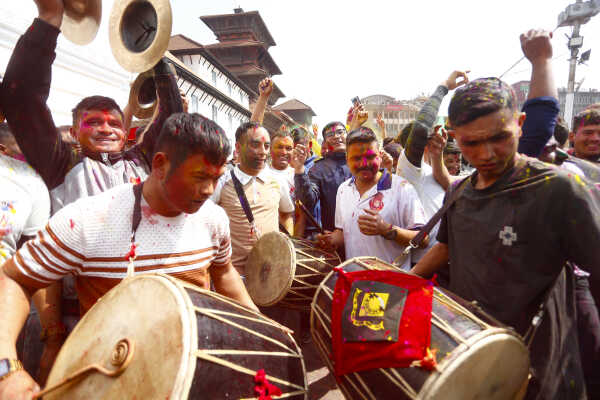 Foreign Tourists Join Holi Celebrations at Basantapur Durbar Square