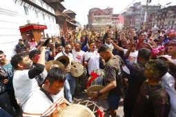 Foreign Tourists Join Holi Celebrations at Basantapur Durbar Square