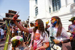Foreign Tourists Join Holi Celebrations at Basantapur Durbar Square