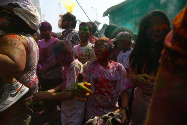 Foreign Tourists Join Holi Celebrations at Basantapur Durbar Square