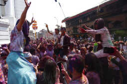 Foreign Tourists Join Holi Celebrations at Basantapur Durbar Square