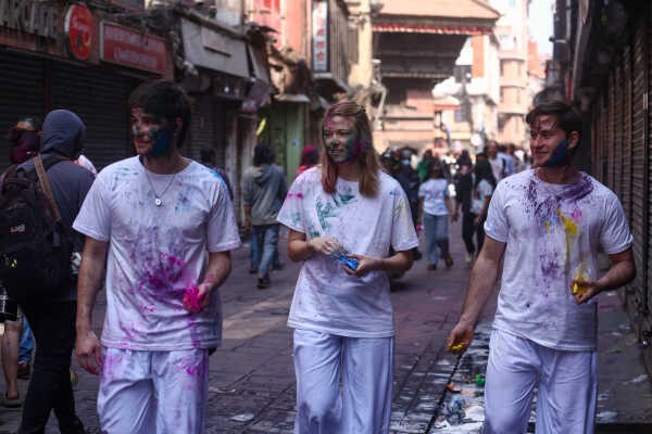 Foreign Tourists Join Holi Celebrations at Basantapur Durbar Square