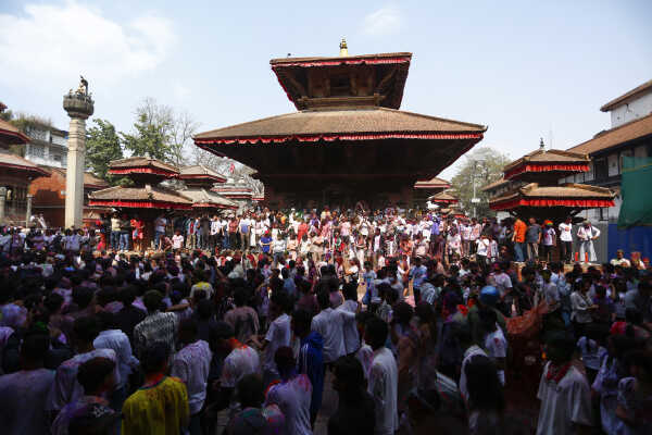 Foreign Tourists Join Holi Celebrations at Basantapur Durbar Square