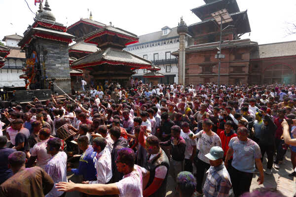 Foreign Tourists Join Holi Celebrations at Basantapur Durbar Square